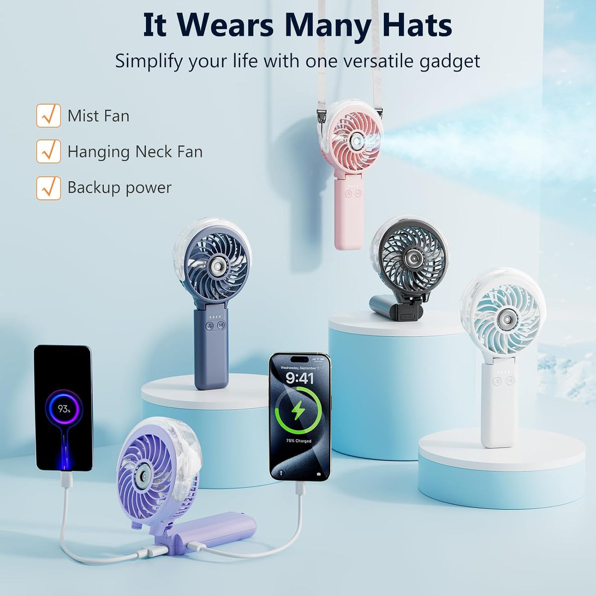 HandFan 5200mAh Rechargeable Handheld Misting Fan, Portable Mister, Royal Blue