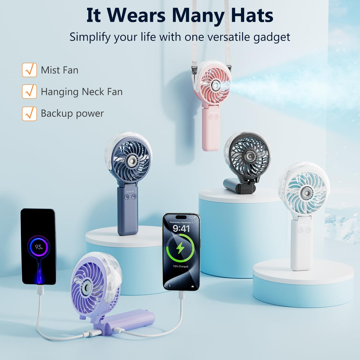 HandFan 5200mAh Rechargeable Handheld Misting Fan, Portable Mister, Royal Blue
