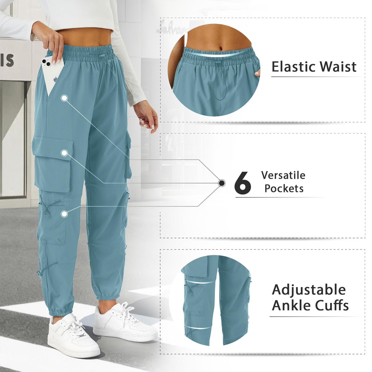 COPYLEAF Parachute Cargo Pants Women with 6 Pockets Quick Dry Hiking Pants