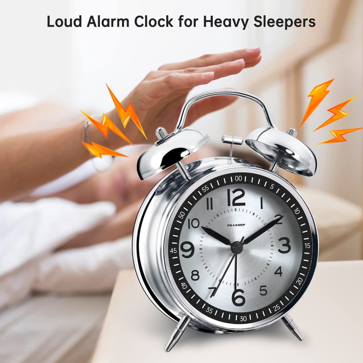 Peakeep 4 Inches Twin Bell Loud Alarm Clock for Heavy Sleepers, Backlight, Battery Operated Old Fashioned Alarm Clock for Bedrooms (3D-Dial, Black)