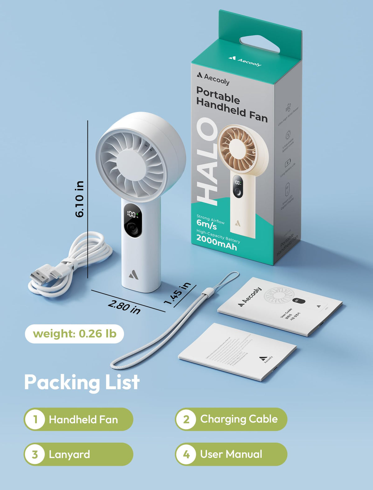 Aecooly Mighty Portable Fan, Powerful Handheld Fan, USB Rechargeable