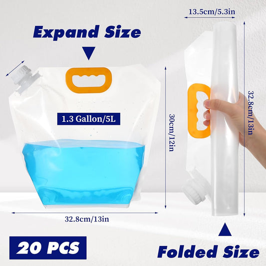 MAQUITA 20 Pcs 1.3 Gallon Foldable Water Emergency Container Bag 26 Gallon Freezable BPA Free Food Grade Clear Plastic Storage Foldable Bottle for Camping Riding