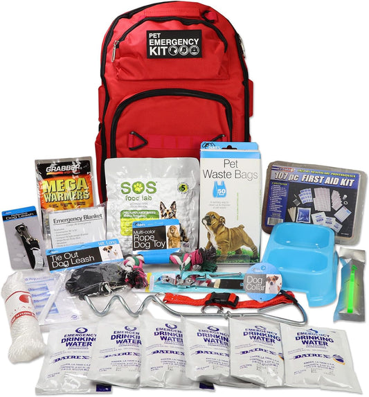 Deluxe Dog Survival Kit - 72 Hour Pet Emergency Go Bag with Food, Water, First Aid, Reflective Leash, Collar, Blanket, Toy, Waste Bags and Portable Backpack for Disaster Preparedness