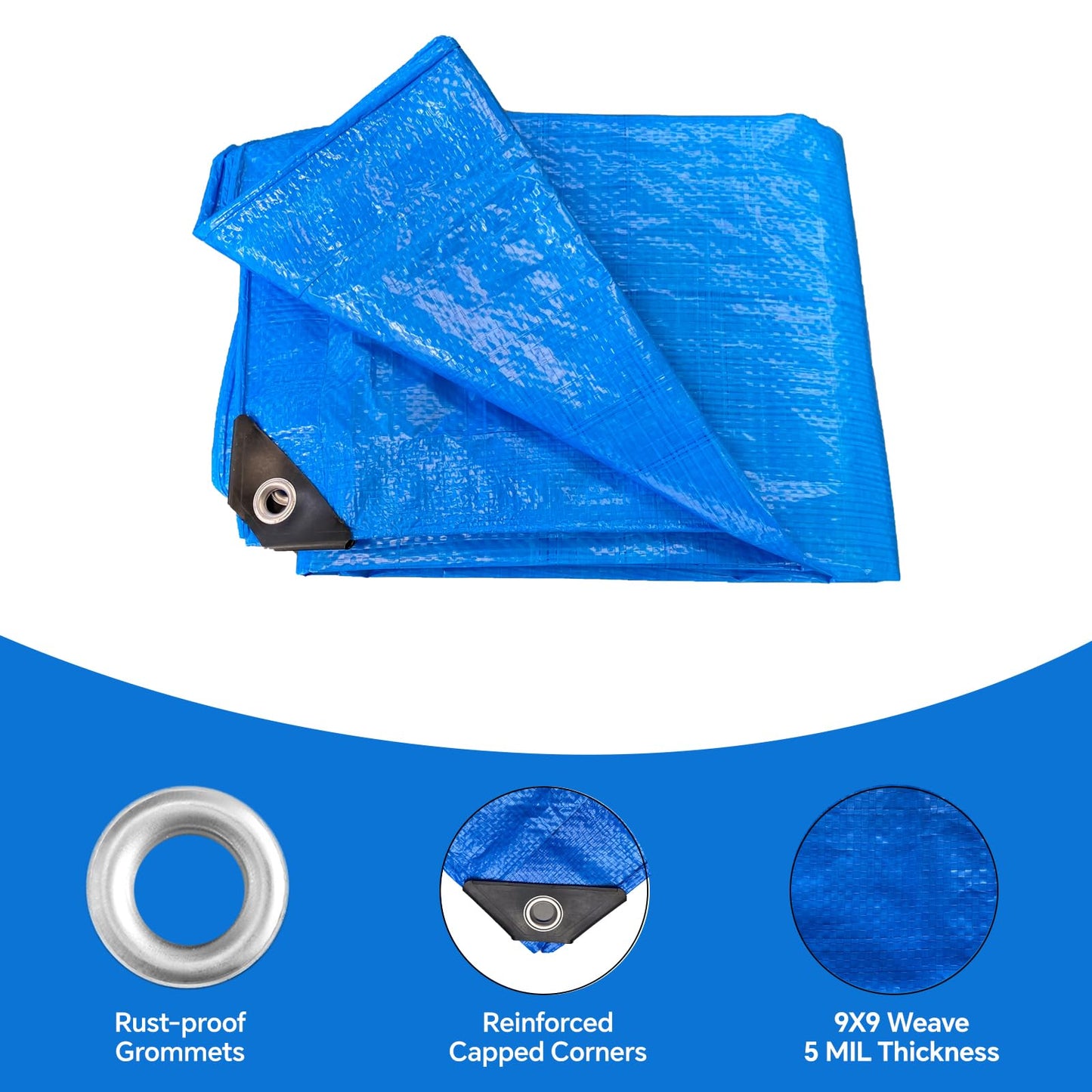 Blue Tarp 8x10 FT (4 Pack), 5 Mil Waterproof Poly Tarp, Reinforced Edges, Upgraded 20" Grommet Spacing, Multi-Purpose Tarpaulin, Cover for Camping, Roof, Yard, Budget Value Pack