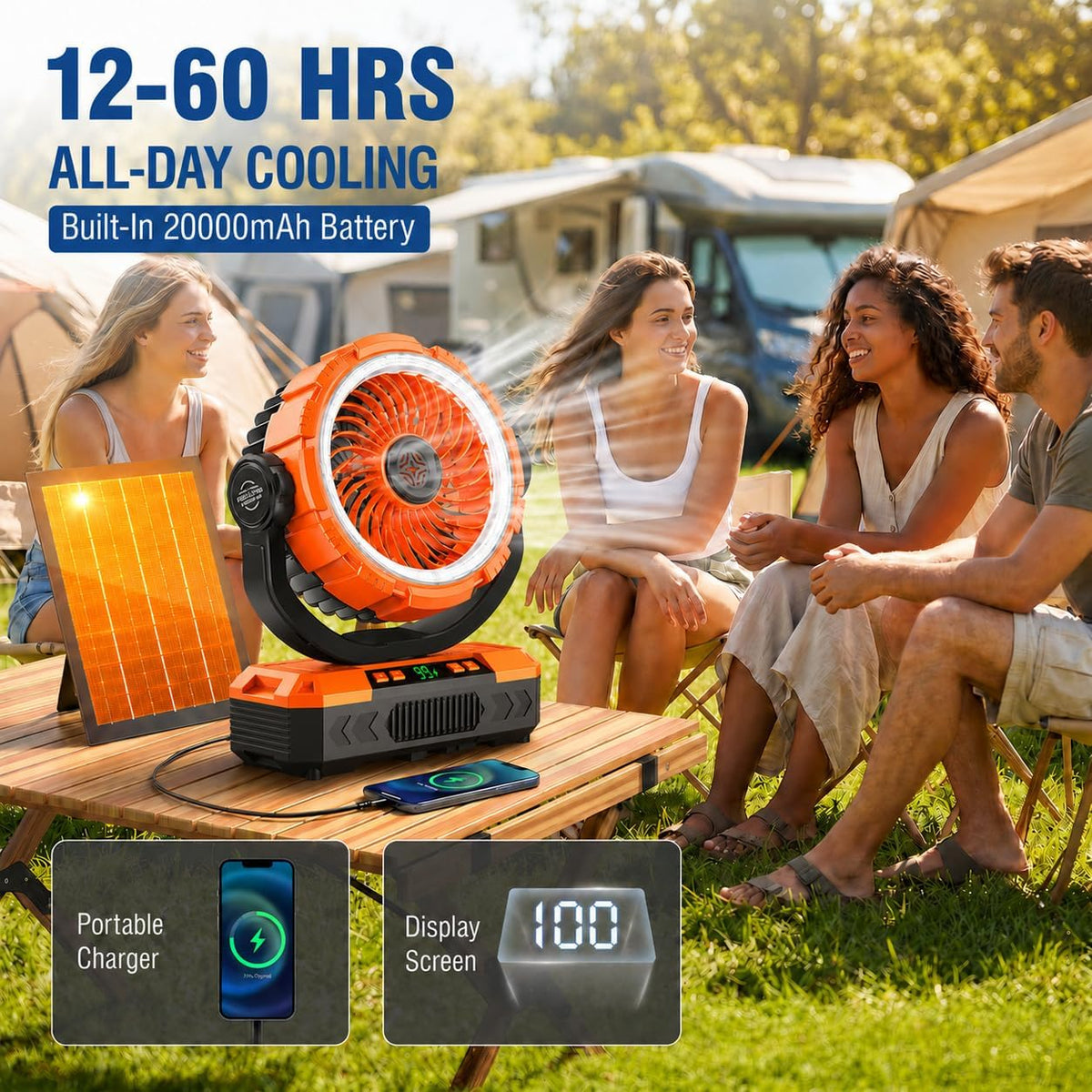 Rechargeable Solar Camping Fan, Oscillating, 5 Speeds, 3 Lights & 12-Hour Timer