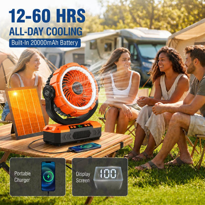 Rechargeable Solar Camping Fan, Oscillating, 5 Speeds, 3 Lights & 12-Hour Timer