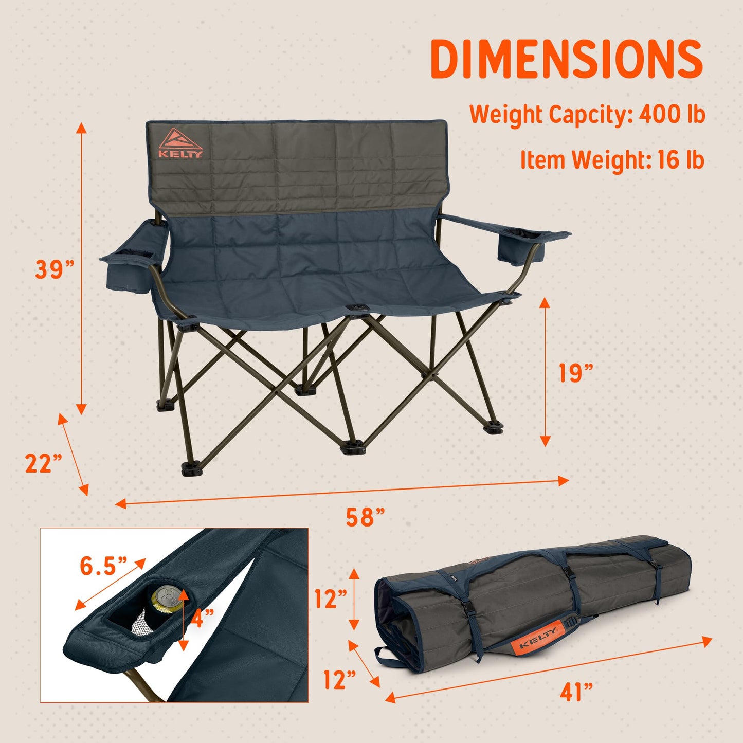 Kelty Low Loveseat Oversized 2-Person Heavy Duty Folding Camp Chair, Double Seat for Soccer Games, Tailgating, Beach Days (Low Height/Dark Shadow)