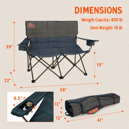 Kelty Low Loveseat Oversized 2-Person Heavy Duty Folding Camp Chair, Double Seat for Soccer Games, Tailgating, Beach Days (Low Height/Dark Shadow)