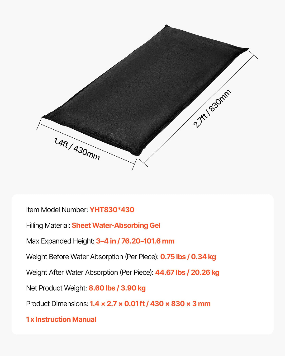 VEVOR Flood Barrier, 10-Pack, 5 × 0.7 ft Water-Activated Sandless Bags with Bucket
