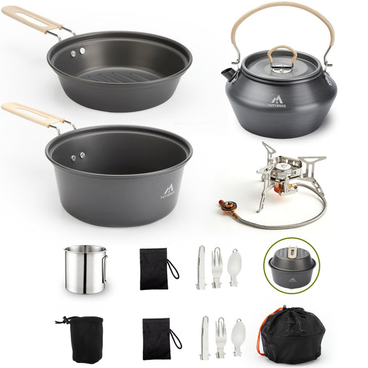 THTYBROS 17pcs Camping Cookware Kit, 0.45Gal Pot, 7inches Pan,0.30Gal Kettle Set with 2 Set Stainless Steel Cups Plates Forks Knives Spoons for Hiking