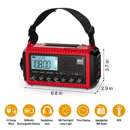 Raynic Emergency Radio, 5000mAh, Solar Hand-Crank AM/FM/SW/NOAA, Charger & Flashlight