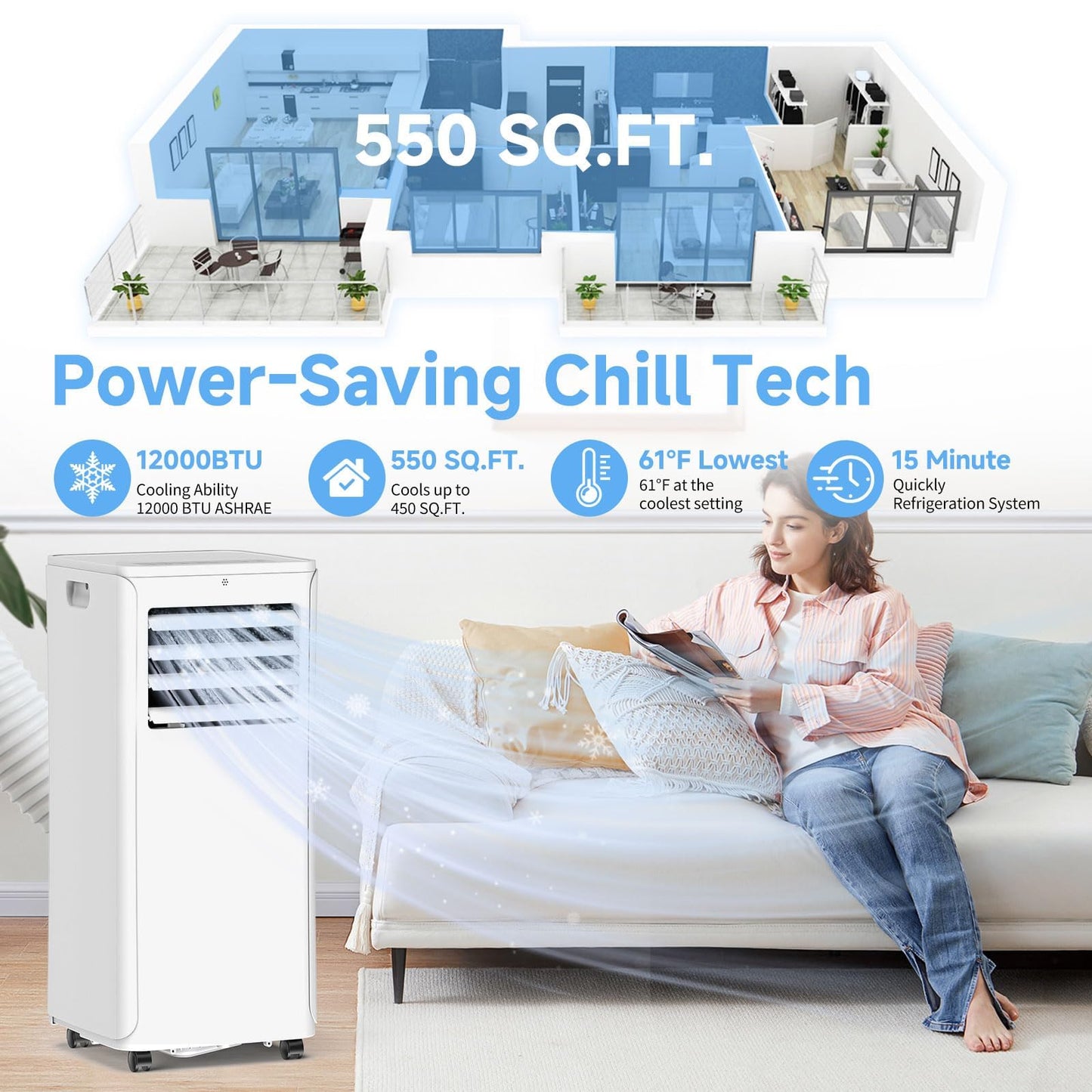Portable Air Conditioner, 3-in-1 8500 BTU AC Unit with Fan & Dehumidifier – Quiet Cooling for Bedroom, Home Office up to 450 sq.ft, Includes Complete Window Mount Kit