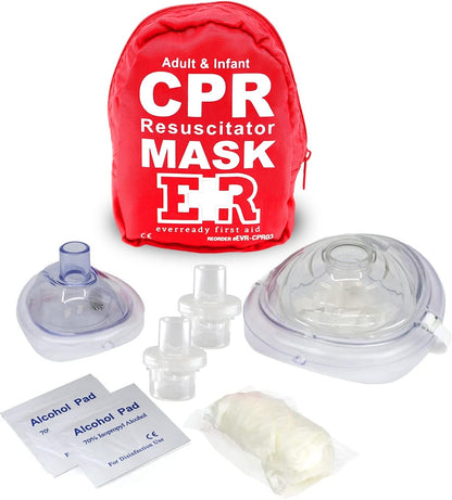 Adult & Infant CPR Mask Combo Kit, 2 Masks with One-Way Valves, Gloves & Prep Pads, Red