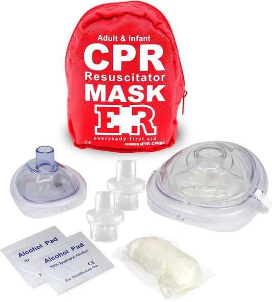 Adult & Infant CPR Mask Combo Kit, 2 Masks with One-Way Valves, Gloves & Prep Pads, Red