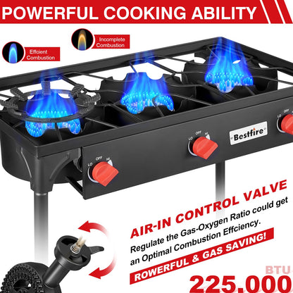 Bestfire 3 Burners Camping Stove for Cooking Outdoor, 225,000 BTU Propane Burners with Ignition wire&Removable Legs, Temperature Control Knobs and 20 PSIG High Pressure Regulator for BBQ