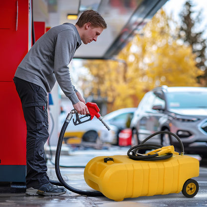 15 Gallon Gas Can, Fuel Tank Container with LE Fluid Transfer Manual Siphon Pump & 10FT Hose, Portable Diesel Gas Storage Caddy with Wheels for Car, ATV, Weeder, Boat, etc., Red