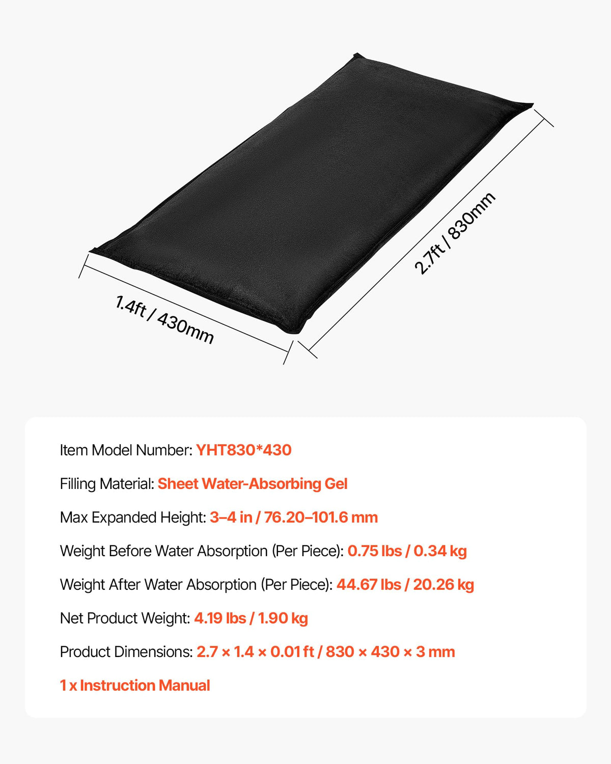 VEVOR Flood Barrier, 10-Pack, 5 × 0.7 ft Water-Activated Sandless Bags with Bucket