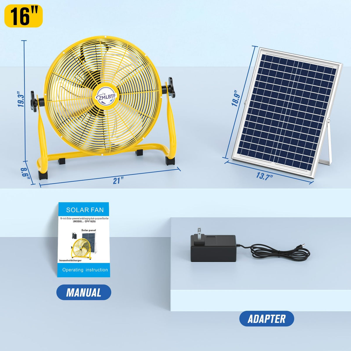 16" Solar Powered Fan with 20W Detachable Solar Panel, Black