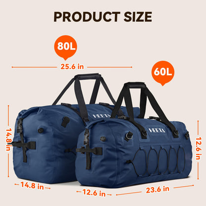 HEETA Waterproof Duffel Bag Motorcycle Dry Bag Backpack, 60L/80L Extra Large Rolltop Travel Duffle Bags with Straps & Handles for Kayaking Rafting Boating Canoeing Camping Gym Beach Cruise Ship