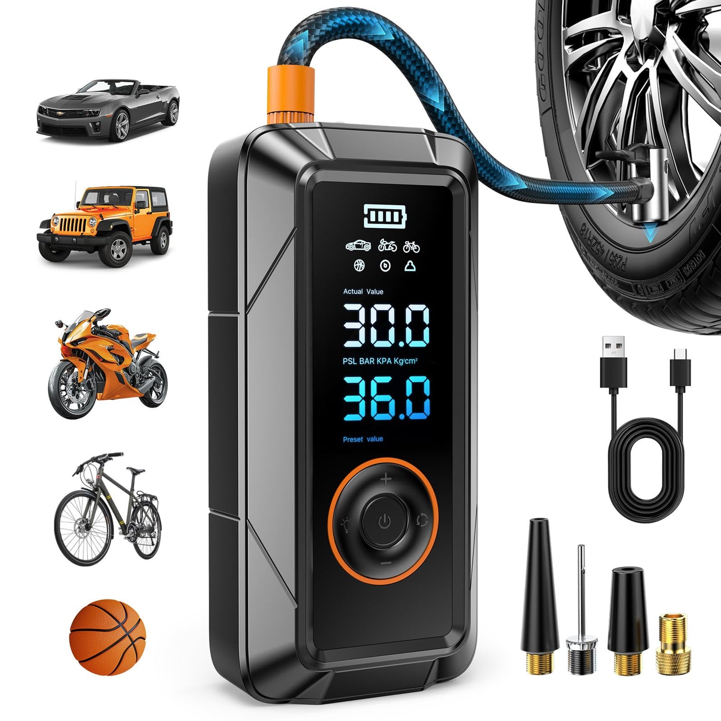 Tire Inflator Portable Air Compressor Portable Air Pump Cordless Bike Pump with Digital Dual Values Display 150 PSI Car Tires Pump with LED Lights Air Pump