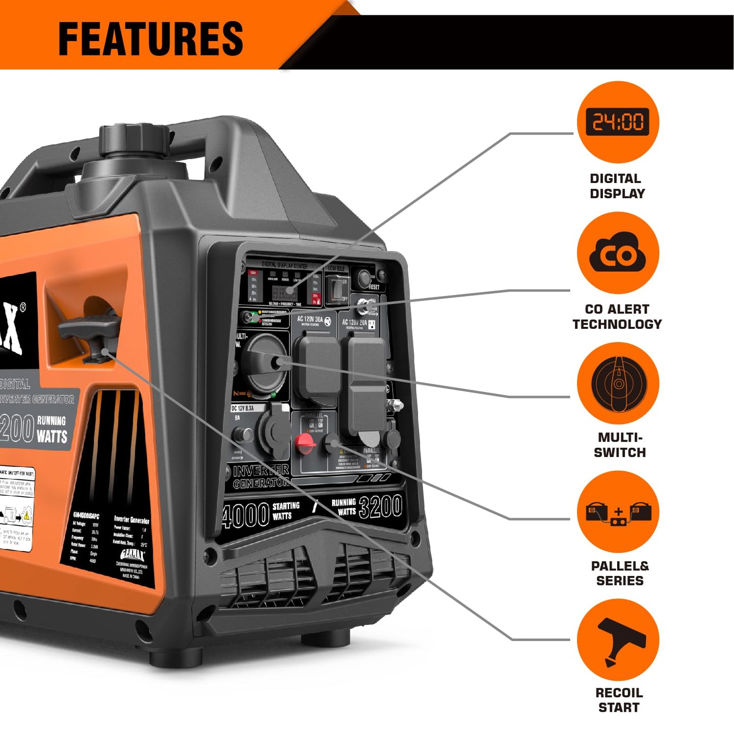 GENMAX Generator，EPA Compliant, Eco-Mode Feature, Ultra Lightweight for Backup Home Use & Camping