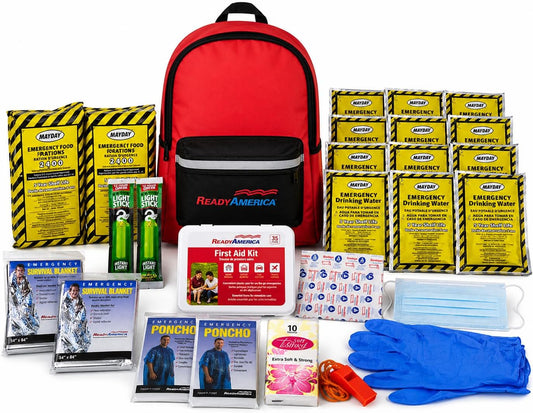 Ready America 70280 72 Hour Emergency Kit, 2-Person, 3-Day Backpack, Includes First Aid Kit, Survival Blanket, Portable Preparedness Go-Bag for Camping, Car, Earthquake, Travel, Hiking, and Hunting, Red