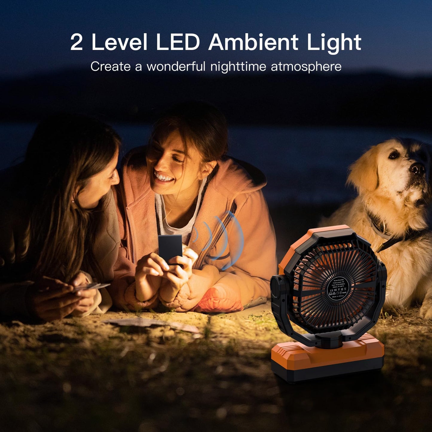 FRIZCOL 3-in-1 Camping Fan - Portable Fans Rechargeable - 24000mAh Battery Powered Fan with Light & Remote for Indoor, Outdoor, Tent, Travel, Fishing, Jobsite, Gifts for Men Dad Him - Orange