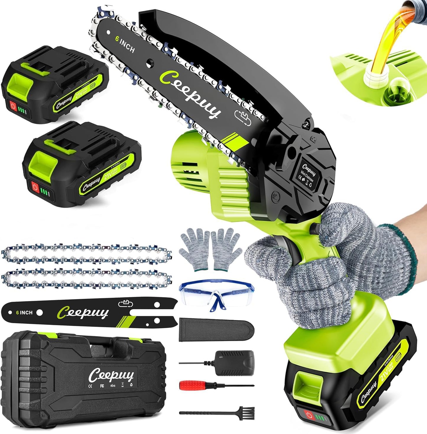 CEEPUY Mini Chainsaw Cordless,6 Inch Portable Electric Chainsaw with Automatic Oiler/Security Lock/Battery Powered Small Handheld Saw for Trees Branches Trimming,Wood Cutting, Gifts for Men Women