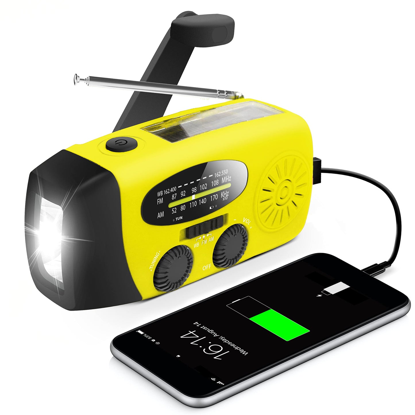 Emergency Crank Weather Radio, 14800mWh Solar Hand Crank Portable AM/FM/NOAA Weather Radio with 1W 3 Mode Flashlight & Reading Lamp, Cell Phone Charger, SOS for Home and Emergency