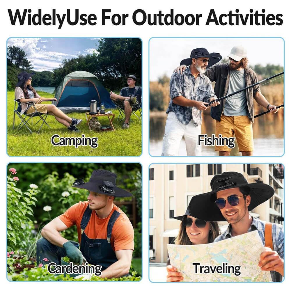 Solar Powered Fan Hat for Men Women Wide Brim Hat with 2 Fans UPF 50+ Outdoor Fishing Beach Sun Hat