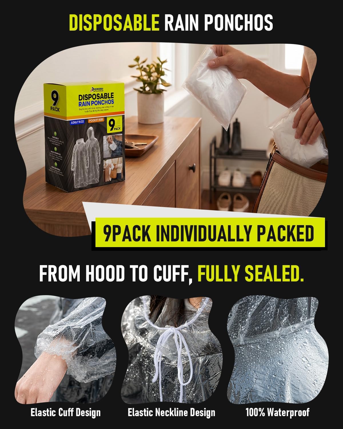 Disposable Rain Ponchos for Adults, 9 Pack Emergency Ponchos