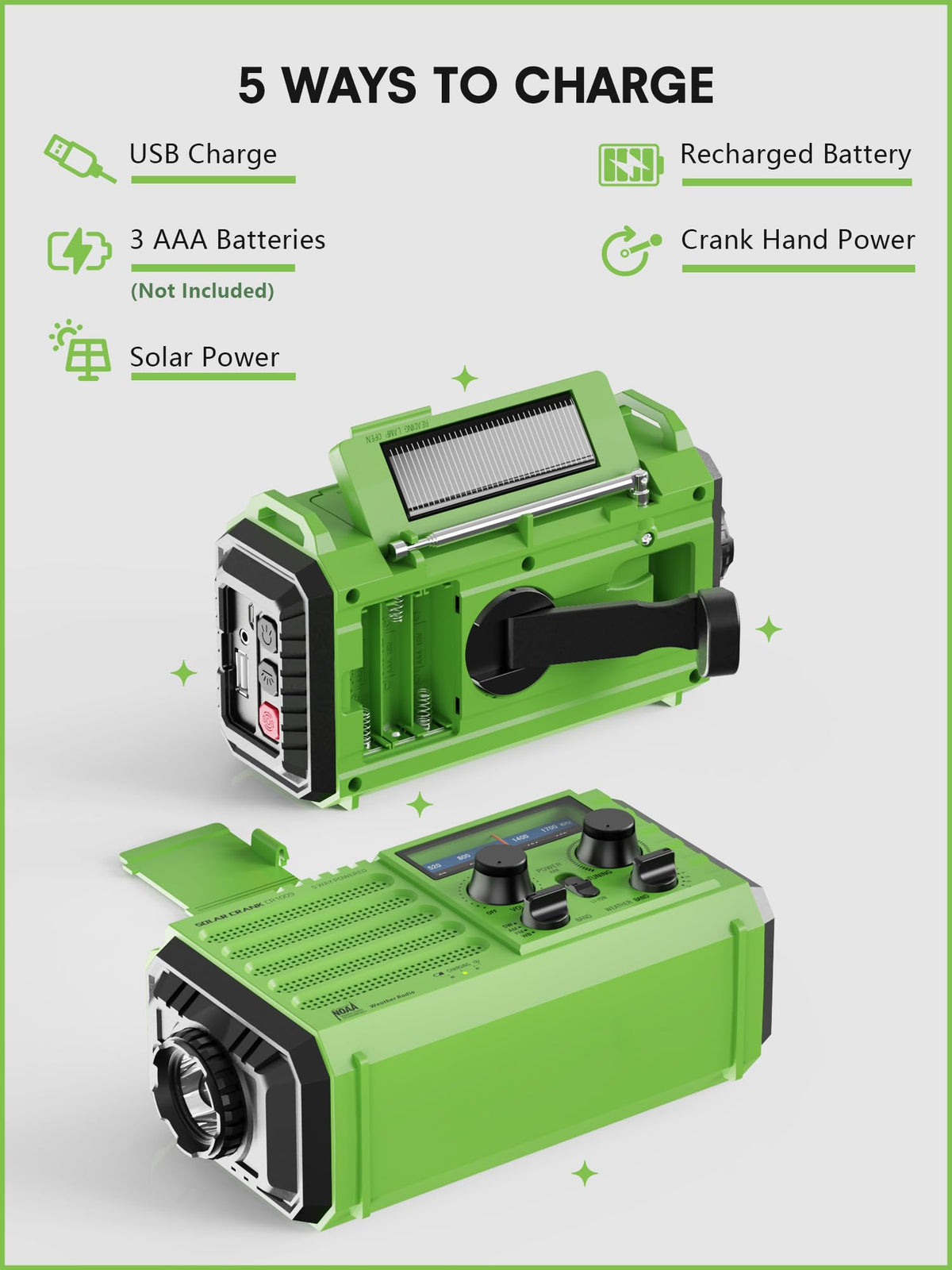 Raynic Emergency Radio, 5000mAh, Solar Hand-Crank AM/FM/SW/NOAA, Charger & Flashlight