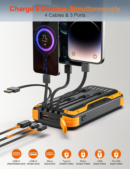 MINRISE Solar Power Bank 40000mAh, Portable Charger PD 20W Fast Charging Solar Charger Power Bank Built in 4 Cables and USB-C in/Output, Camping Essentials External Battery Pack with Flashlights