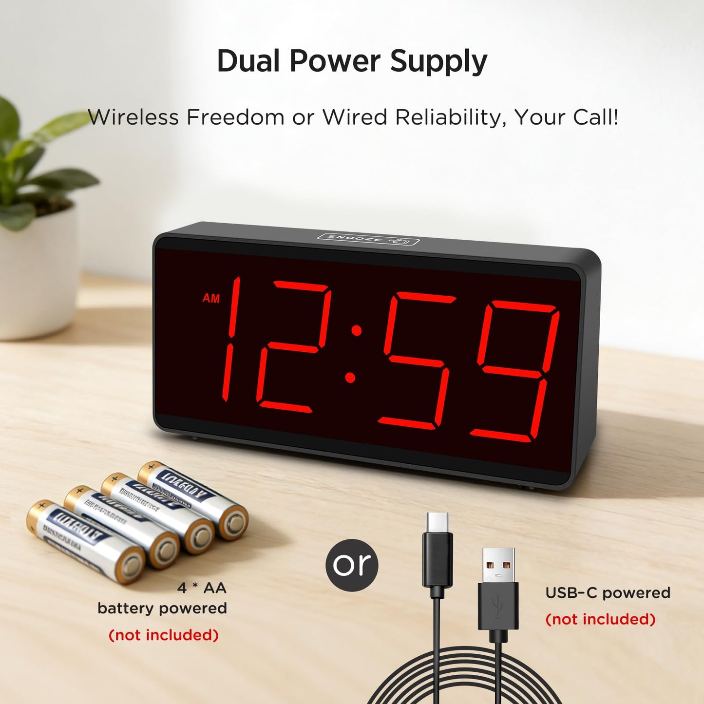 Peakeep Battery Operated Digital Alarm Clock for Bedrooms Cordless - Auto/Manual Dimmer, Volume Adjustable, Large Big Numbers Display, Dual Power Supply
