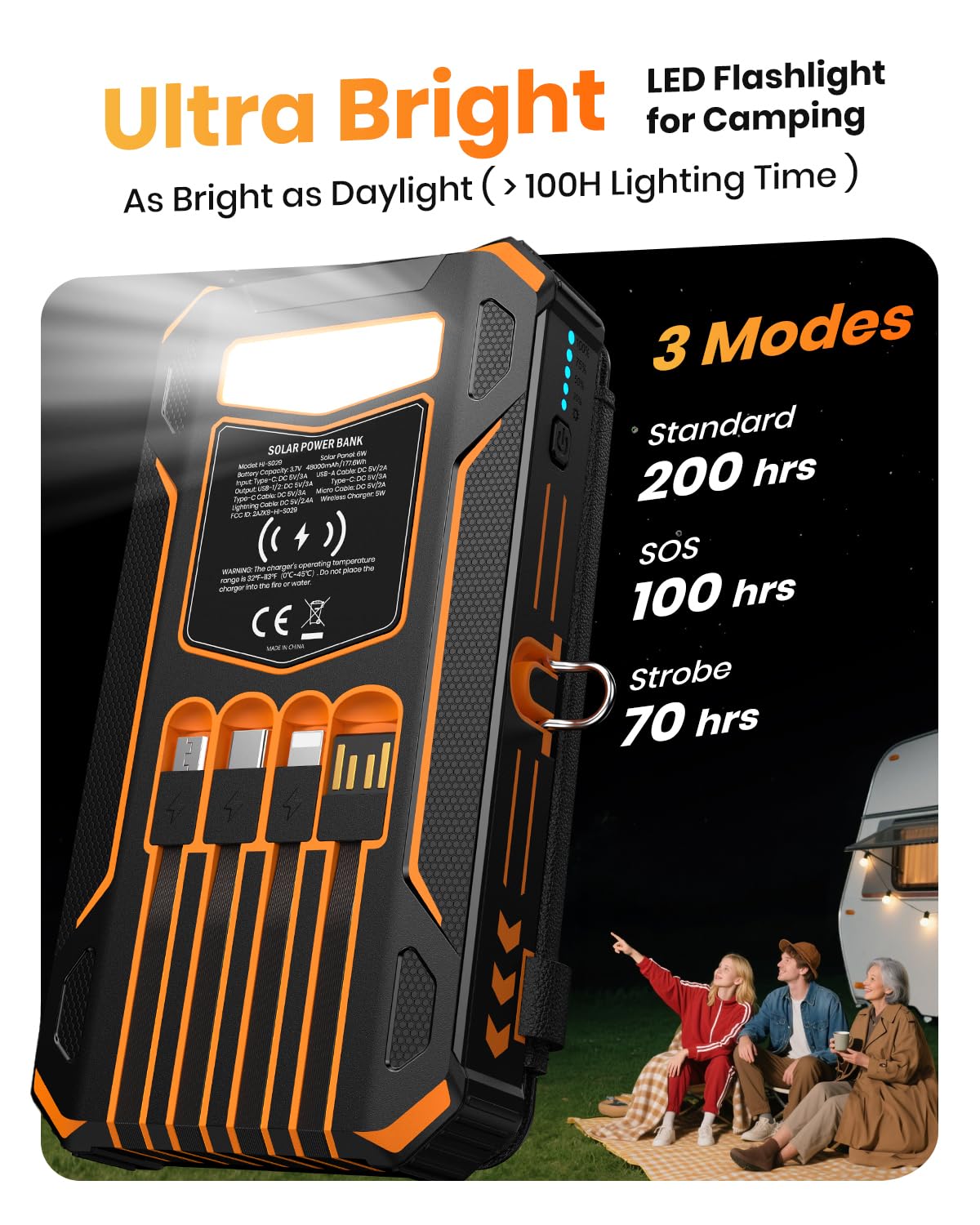 SOARAISE Solar Charger Power Bank - 48000mAh Wireless Portable Charger Built-in 4 Cables and 4 Solar Panels, PD QC 3.0 Fast Charging USB C Battery Pack with Flashlight for Camping Travel