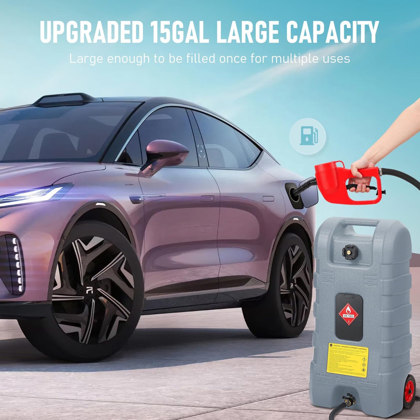 15 Gallon Gas Can, Fuel Tank Container with LE Fluid Transfer Manual Siphon Pump & 10FT Hose, Portable Diesel Gas Storage Caddy with Wheels for Car, ATV, Weeder, Boat, etc., Red