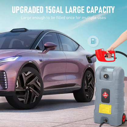 15 Gallon Gas Can, Fuel Tank Container with LE Fluid Transfer Manual Siphon Pump & 10FT Hose, Portable Diesel Gas Storage Caddy with Wheels for Car, ATV, Weeder, Boat, etc., Red