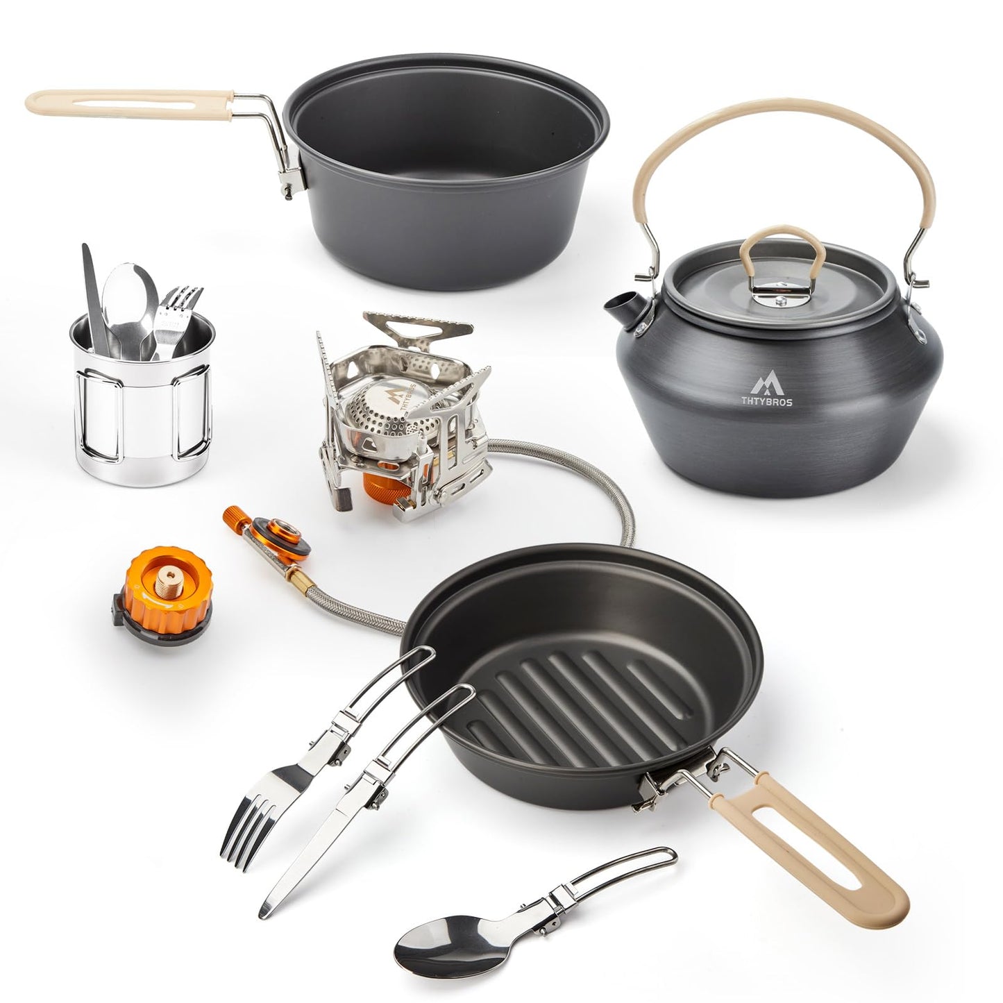 THTYBROS 17pcs Camping Cookware Kit, 0.45Gal Pot, 7inches Pan,0.30Gal Kettle Set with 2 Set Stainless Steel Cups Plates Forks Knives Spoons for Hiking