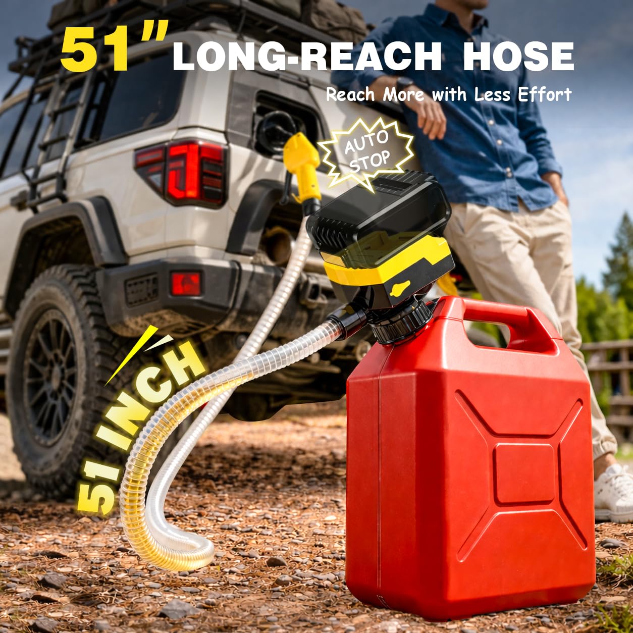 Keimi 5 GPM Cordless Fuel Transfer Pump with Auto-Stop & Hand Trigger Nozzle, Compatible with DeWalt 20V & Milwaukee 18V Batteries, Gas Can Pump for Gasoline/Diesel, 51" Hose & 4 Adapters