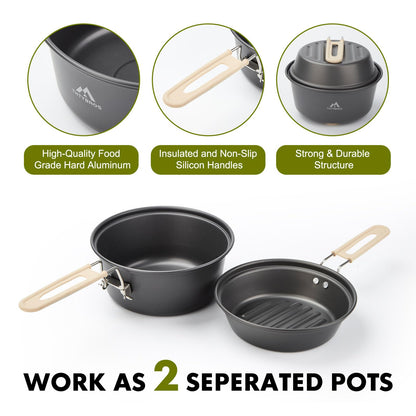 THTYBROS 17pcs Camping Cookware Kit, 0.45Gal Pot, 7inches Pan,0.30Gal Kettle Set with 2 Set Stainless Steel Cups Plates Forks Knives Spoons for Hiking