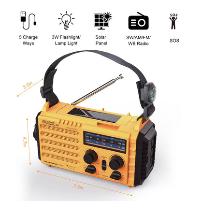 Raynic Emergency Radio, 5000mAh, Solar Hand-Crank AM/FM/SW/NOAA, Charger & Flashlight