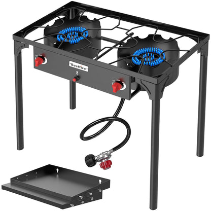 Bestfire 3 Burners Camping Stove for Cooking Outdoor, 225,000 BTU Propane Burners with Ignition wire&Removable Legs, Temperature Control Knobs and 20 PSIG High Pressure Regulator for BBQ
