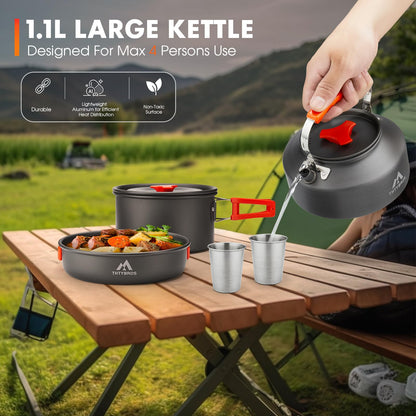 THTYBROS 17pcs Camping Cookware Kit, 0.45Gal Pot, 7inches Pan,0.30Gal Kettle Set with 2 Set Stainless Steel Cups Plates Forks Knives Spoons for Hiking