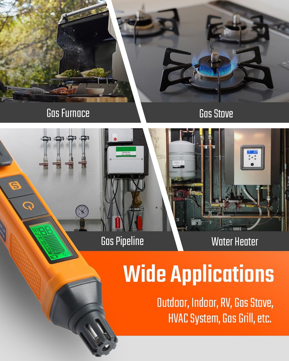 PT199 Natural Gas Leak Detector with Audible/Visual Alarm, Methane & Propane, Orange