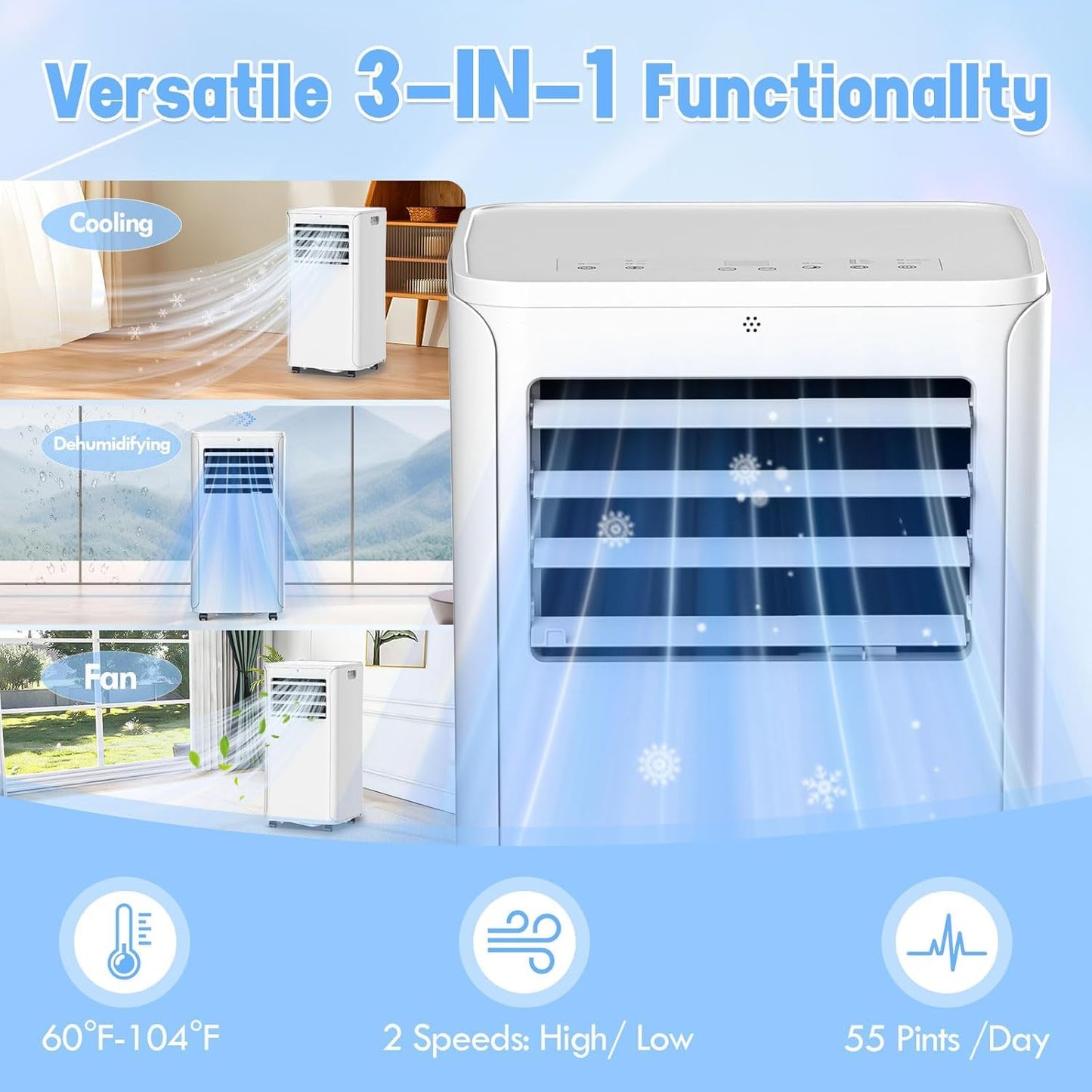Portable Air Conditioner, 3-in-1 8500 BTU AC Unit with Fan & Dehumidifier – Quiet Cooling for Bedroom, Home Office up to 450 sq.ft, Includes Complete Window Mount Kit