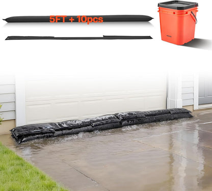 VEVOR Flood Barrier, 10-Pack, 5 × 0.7 ft Water-Activated Sandless Bags with Bucket