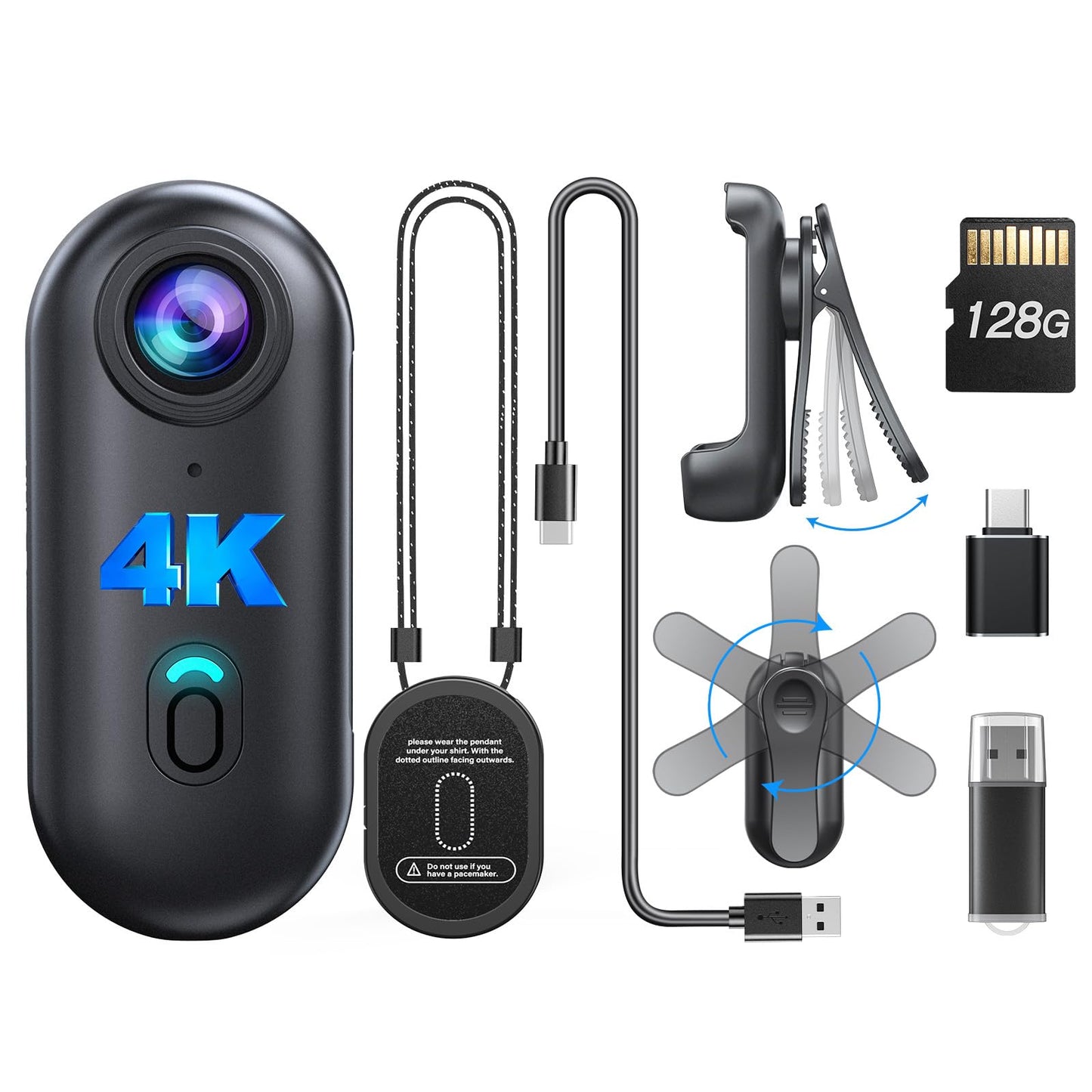 BOBLOV W4 4K Mini Body Camera,128G Wearable Camera with 360°Rotatable Clip & Magnetic Clip, Thumb Size, 96 Minutes for Recording, Easy to Use for Lecture, Traveling, Pet Walking and Outdoors
