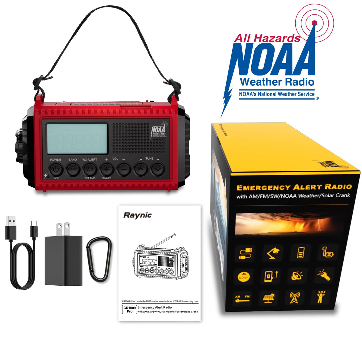 Raynic Emergency Radio, 5000mAh, Solar Hand-Crank AM/FM/SW/NOAA, Charger & Flashlight