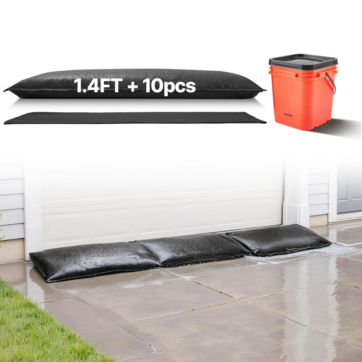 VEVOR Flood Barrier, 10-Pack, 5 × 0.7 ft Water-Activated Sandless Bags with Bucket