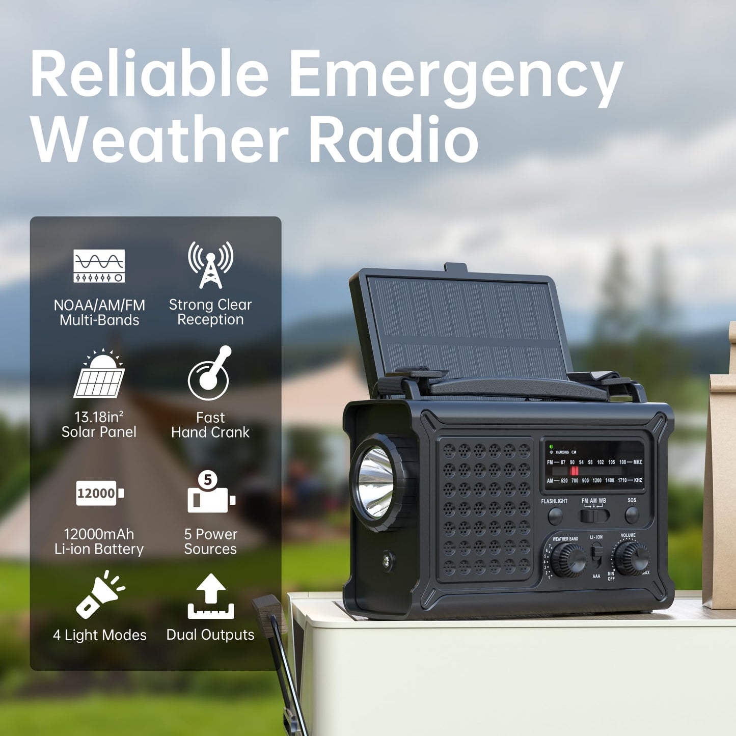 Solar Radio Emergency Hand Crank 12000mAh with Clear Signal, AM FM NOAA Weather Radio Battery Operated with 2-Mode LED Flashlight Cell Phone Charger Dual Outputs SOS